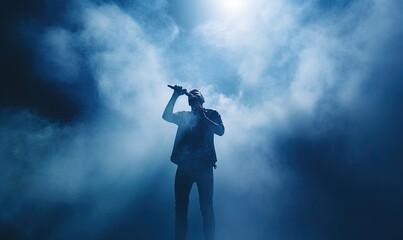 Rock musician singer holding a microphone standing on stage singing. Blue smoke clouds.