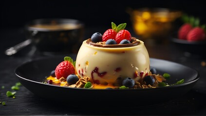 A plate of delicious vanilla pudding with fresh blueberries, raspberries and covered in honey.