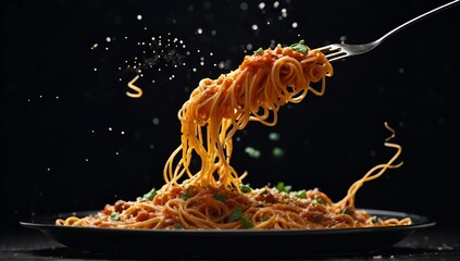 Rich spicy Italian spaghetti Bolognaise with parmesan cheese and fresh green basil leaves viewed from the side on a plate.