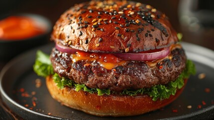 Mouthwatering gourmet burger served with fresh lettuce, tomatoes, and fiery aioli sauce