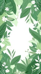 Vector illustration, green floral background with white leaves and flowers, white space in the center of the frame, light background, vector graphics, vector graphics, simple design, delicate lines, d