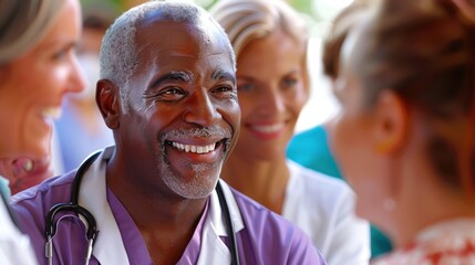 Fototapeta premium A smiling doctor wearing purple scrubs is surrounded by other doctors and medical professionals.