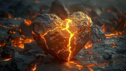 Heart of fire: A visually striking sculpture of a heart engulfed in flames among coals