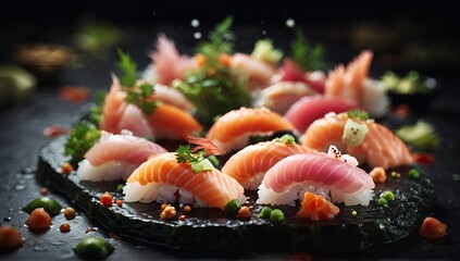 Nigiri sushi and sashimi sushi on wooden serving board with soy sauce over black stone texture background. Japanese menu