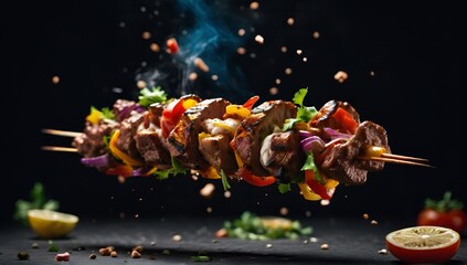 Kebab - grilled meat skewers, shish kebab with vegetables floating in the air.