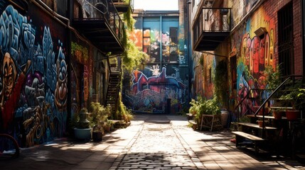 Musician playing guitar in a sunlit alley, surrounded by urban decay and touches of nature