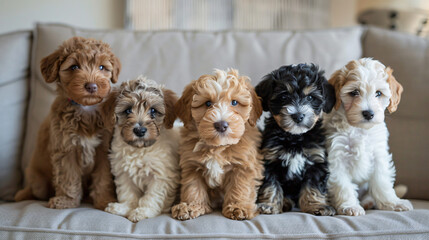 Cute puppy group sitting looking at camera indoor 
