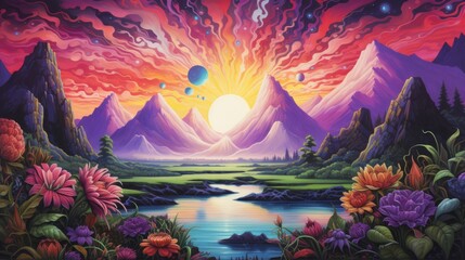 Vibrant alien landscape with sunset, lush meadows, and distant planets