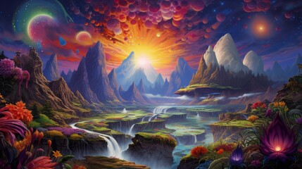 Obraz na płótnie Canvas Vibrant alien landscape with sunset, lush meadows, and distant planets
