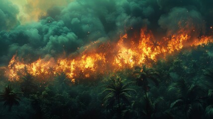 Fototapeta na wymiar Intense blaze enveloping a lush tropical rainforest under a smoky sky