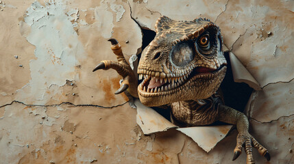 Cute T-Rex peeking out of a hole in wall torn hole