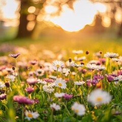 Obraz premium A serene spring vista welcomes the eye with a carpet of vibrant meadow flowers and cheerful daisies nestled among verdant grass. 