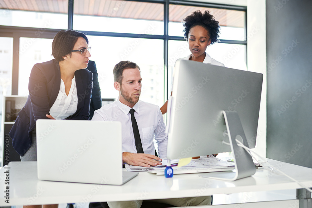 Aufkleber business, people and office with technology for teamwork, collaboration and research as graphic desi