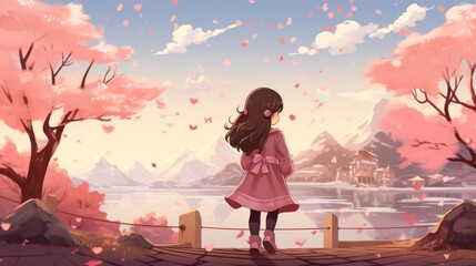 Beauty amidst sakura blooms, a captivating girl in a picturesque setting of pink petals and blue skies.