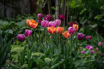 A vibrant bouquet of tulips standing tall amidst a lush green garden.