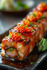 Japanese sushi rolls with tuna, salmon, shrimp, crab and avocado on plate