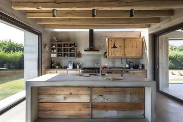 Contemporary modern country house wooden kitchen interior with big panoramic windows.