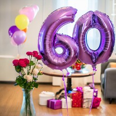 Bright saturated metallic purple helium balloons number 60 with flowers and gifts in a cozy bright welcoming home