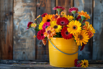 A vibrant bouquet of gerbera daisies and sunflowers overflows from a bright yellow bucket, set against a rustic wooden table.