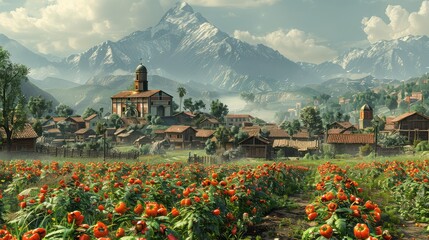 A beautiful landscape with a small village in the middle of a field of flowers - Powered by Adobe