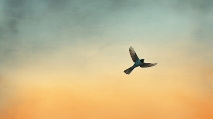 Graceful bird flying over tranquil waters with a soft, colorful sunset background