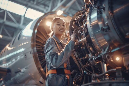 Skilled young airplane mechanic plane check engine avionics hangar industry technology experienced engineer safety scheduled maintenance transportation jet airport repair inspection replacement part