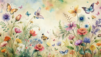 Wildflower watercolor background with colorful butterflies