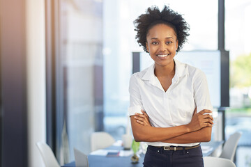 Portrait, confidence and black woman in boardroom, smile and editor for project, corporate and...
