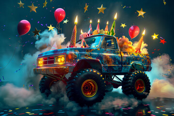 pickup monster truck, with birthday party celebration in the back (1)