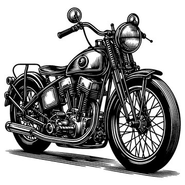 recommend clip art: classic motorcycle, featuring detailed design elements and engine parts sketch engraving generative ai PNG illustration. Scratch board imitation. Black and white image.