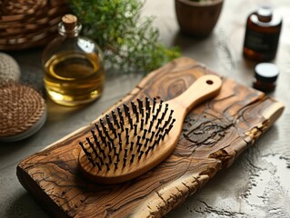 Hair scalp massager with shampoo , brushes and cosmetic oil on background