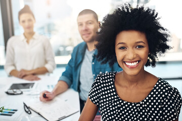 Portrait, happiness and African woman in office for meeting, career and brainstorming for business. Female person, smile and pride in workplace for internship, startup company and collaboration
