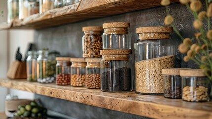 Fototapeta premium Elegantly arranged kitchen shelves with various grains and spices in transparent jars, enhancing a modern and functional kitchen aesthetic
