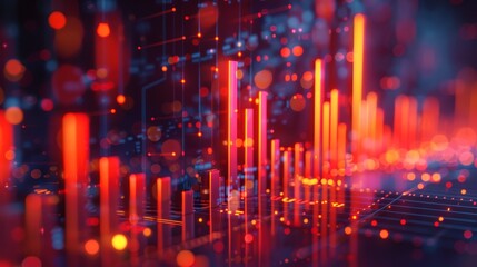 Dynamic image of a futuristic data visualization with glowing red bars and abstract digital elements, representing connectivity and advanced analytics