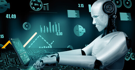 MLP 3d illustration Future financial technology controll by AI robot huminoid uses machine learning and artificial intelligence to analyze business data and give advice on investment and trading