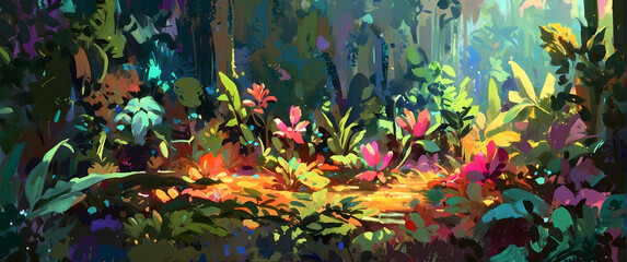 A magical digital illustration of an enchanted forest with diverse flora and ethereal lighting set in a fantasy realm