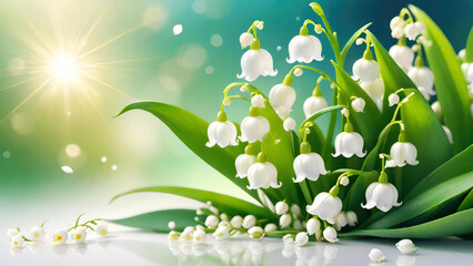 Obraz premium Lily of the valley flowers with water droplets in sunny day.Lily-of-the-valley. Convallaria majalis.Spring floral background. Banner for design with copy space.Generative AI