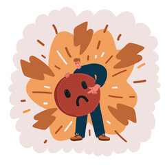 Cartoon vector illustration of man hold sad emoji. Dissatisfied customer