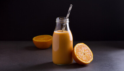 Orange smoothie in glass bottle with paper straw. Tasty and healthy beverage. Delicious citrus drink