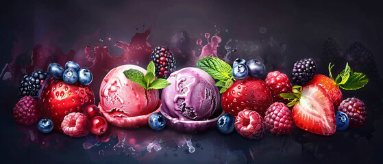 Different fruit and berry ice cream