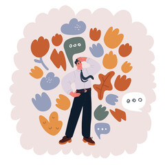 Cartoon vector illustration Young concerned dark skinned man thinking about something important and rubbing his chin. Looking up. Copy space. Deep thoughts. Thoughtful man