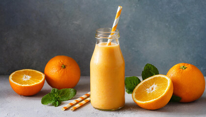 Orange smoothie in glass bottle with paper straw. Tasty and healthy beverage. Delicious citrus drink