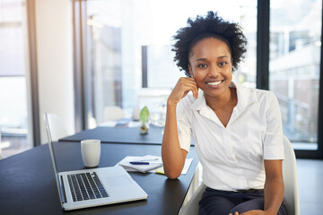Business, portrait and black woman with laptop office for happiness, consultation or smile at desk....