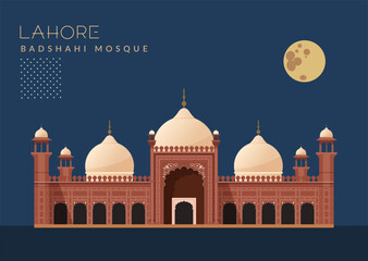 Badshahi Mosque - Lahore - Pakistan - Stock Illustration - obrazy, fototapety, plakaty