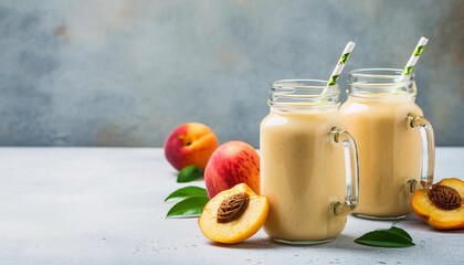 Peach smoothie in glass jar with paper straw. Tasty and healthy beverage. Delicious summer drink. - obrazy, fototapety, plakaty