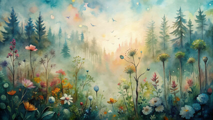 Fototapeta na wymiar Watercolor background of wildflowers in a mystical forest