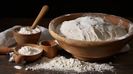 Rustic wooden bowl with freshly sifted flour, kitchen tools and grains on a dark background