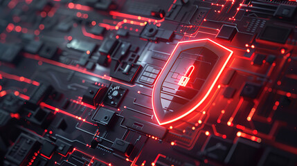 Abstract, minimalistic banner concept of shield protects against hacker attacks with empty copy space