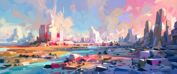 A vibrant, abstract take on a bustling futuristic city, with a multitude of colors and dynamic brushstrokes capturing the energy