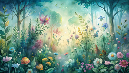Obraz na płótnie Canvas Watercolor background of wildflowers in a mystical forest